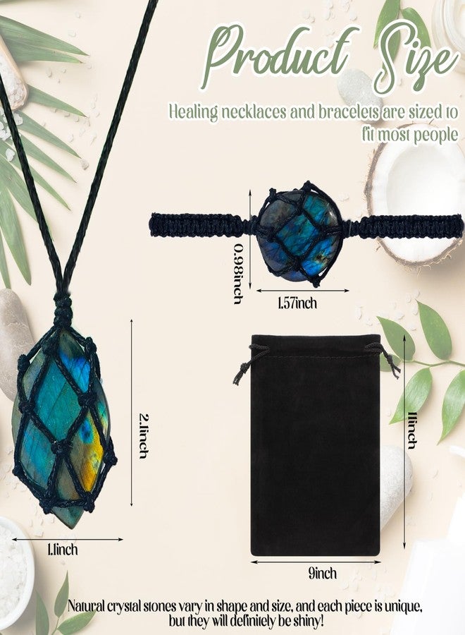 Quelay 2 Pcs Healing Crystal Necklace and Bracelet Natural Crystal Necklace Women Gift with Woven Rope and Card for Women Men(Green,Labradorite) - Image 2
